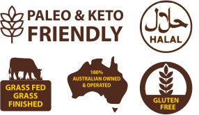 Logo with text 'Paleo & Keto Friendly', 'Halal', 'Grass Fed Grass Finished', '100% Australian Owned & Operated', 'Gluten Free' on a white background.